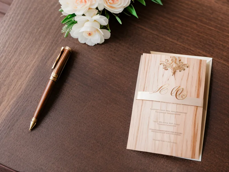 A wedding invitation next to a smartphone on a clean wooden desk.