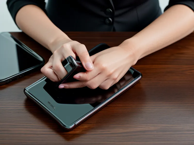 A woman's hand holding a phone next to an event planning binder on a wooden table.
