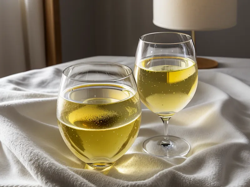 A glass of white wine next to a tablet showing a compatibility quiz in warm lighting.