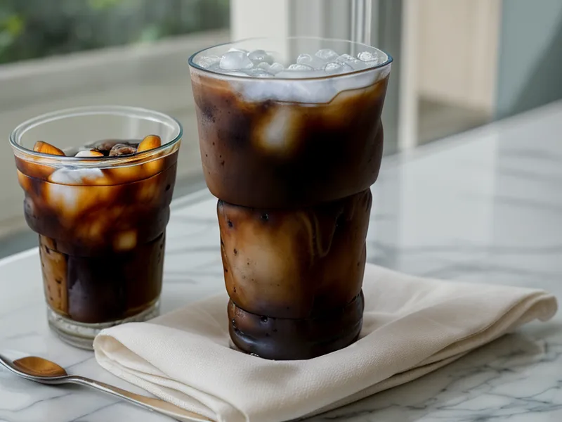 Close-up of a cold brew coffee with condensation on a marble table.