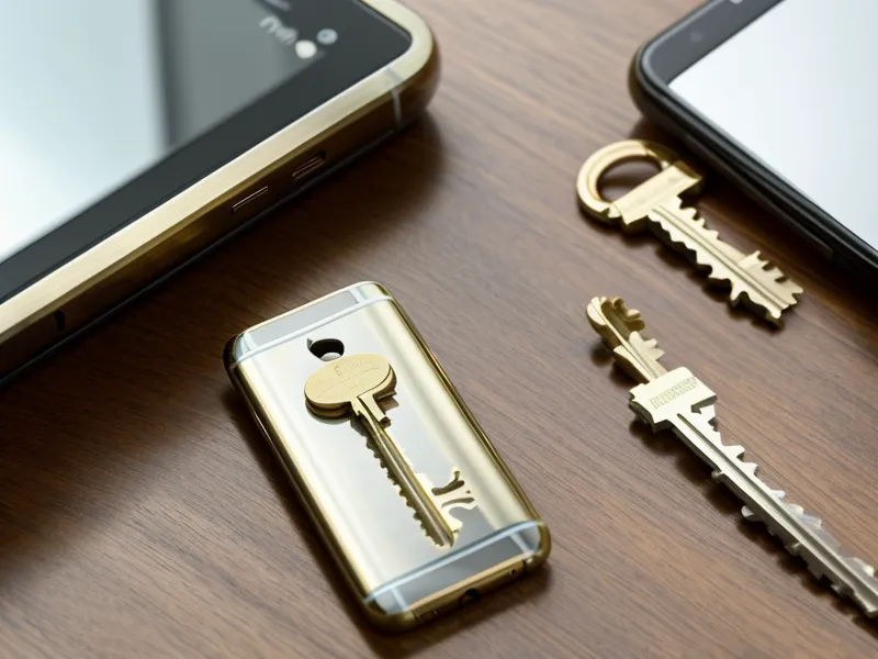 A smartphone and house keys on a wooden table.