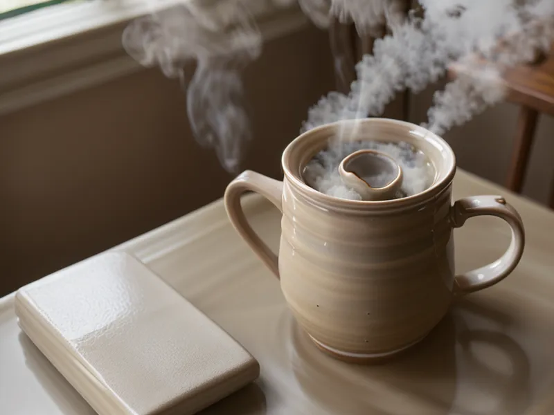 Steaming ceramic tea mug beside stationery cards on a muted linen surface