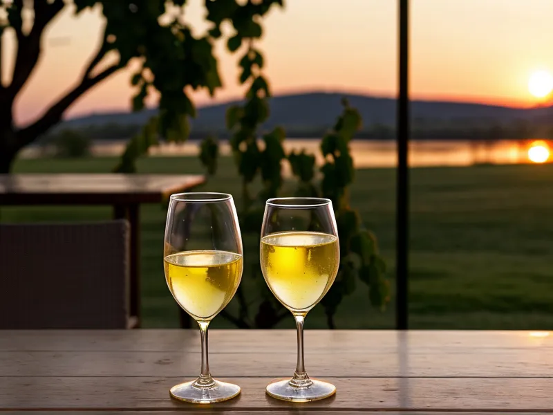 A glass of white wine on a patio table during an evening of app browsing.