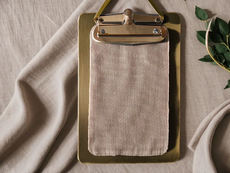 A wedding planner clipboard in the foreground of a blurred reception hall.