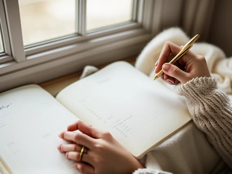 Close-up of a hand writing in a planner during a rainy afternoon.