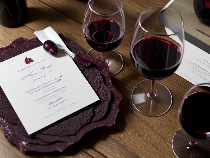 A glass of wine and wedding samples on a wooden table in soft lighting.