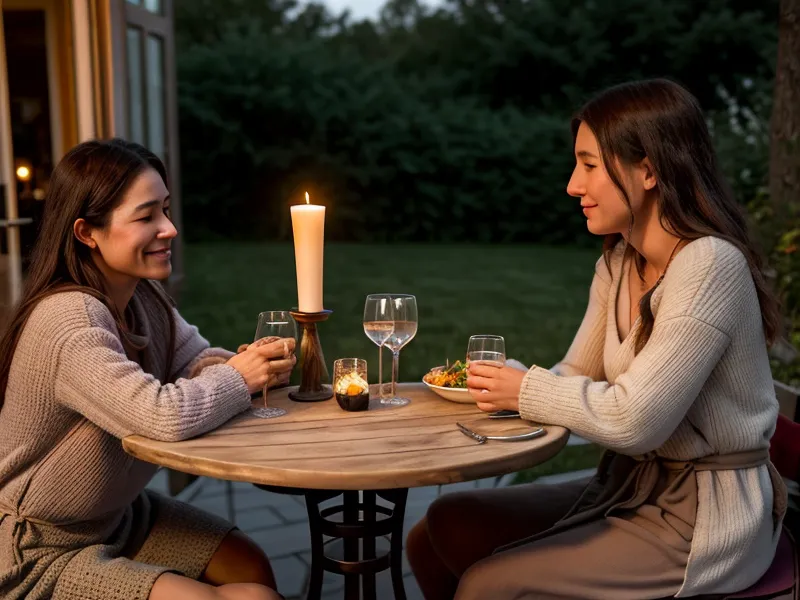 A quiet bistro table set for two at dusk, representing a successful, curated date.