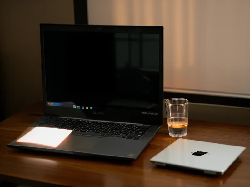 Laptop and glass of white wine on a hotel desk at night.