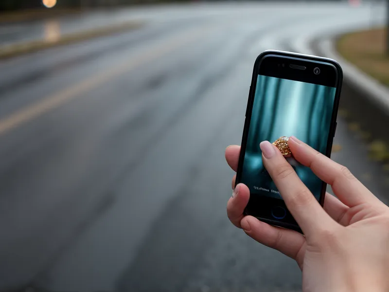 Hand holding a smartphone against a rainy suburban street background.
