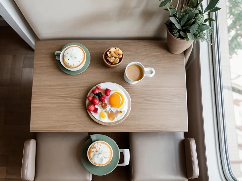 A ceramic coffee cup on a bistro table with a server in the background.