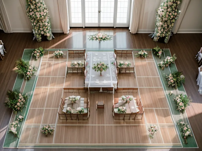 Wedding reception floor plan with notes and a pen