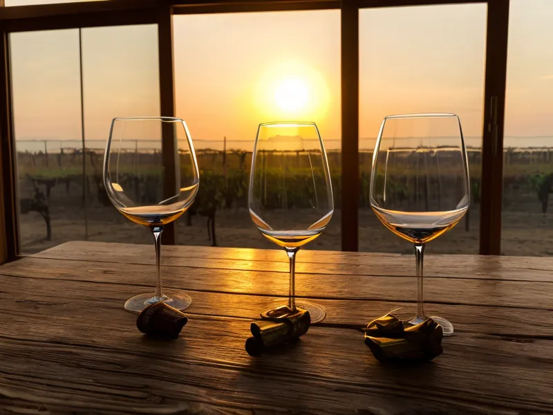 Two wine glasses on a table at sunset in a garden