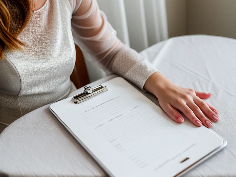 Close-up of an event planner's clipboard resting on a banquet table.