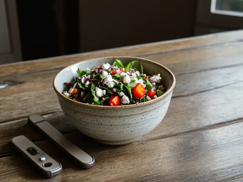 A smartphone and salad on a wooden table in a cafe.