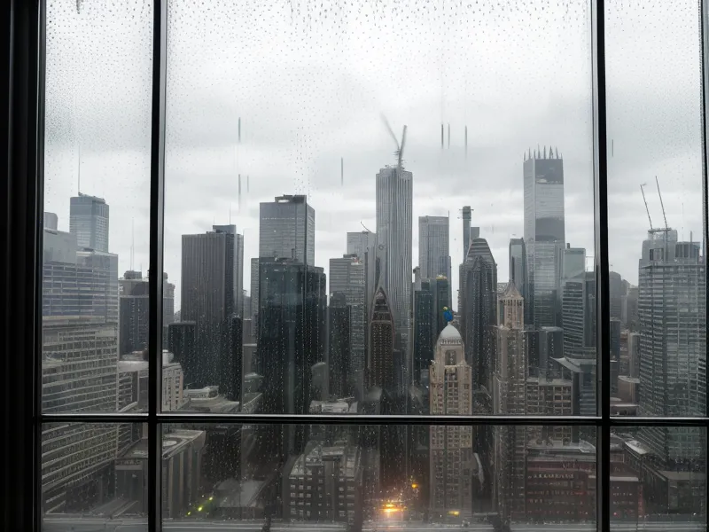 The Cleveland skyline viewed through a rainy window pane.